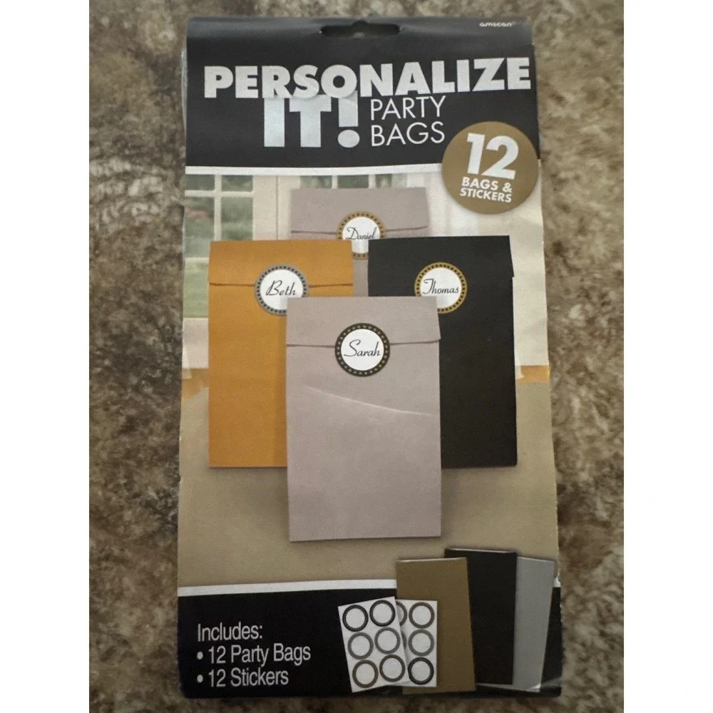 Amscan Personalize It Party Bags 12 Count Black Gold Silver with Stickers Favors